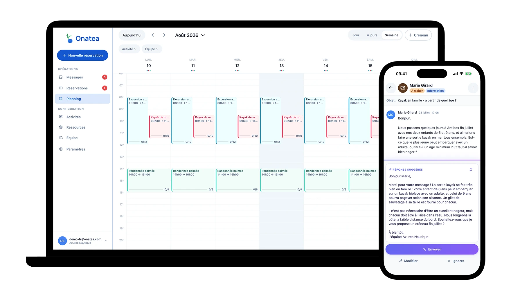 Le planning Onatea sur ordinateur et une réponse suggérée sur téléphone